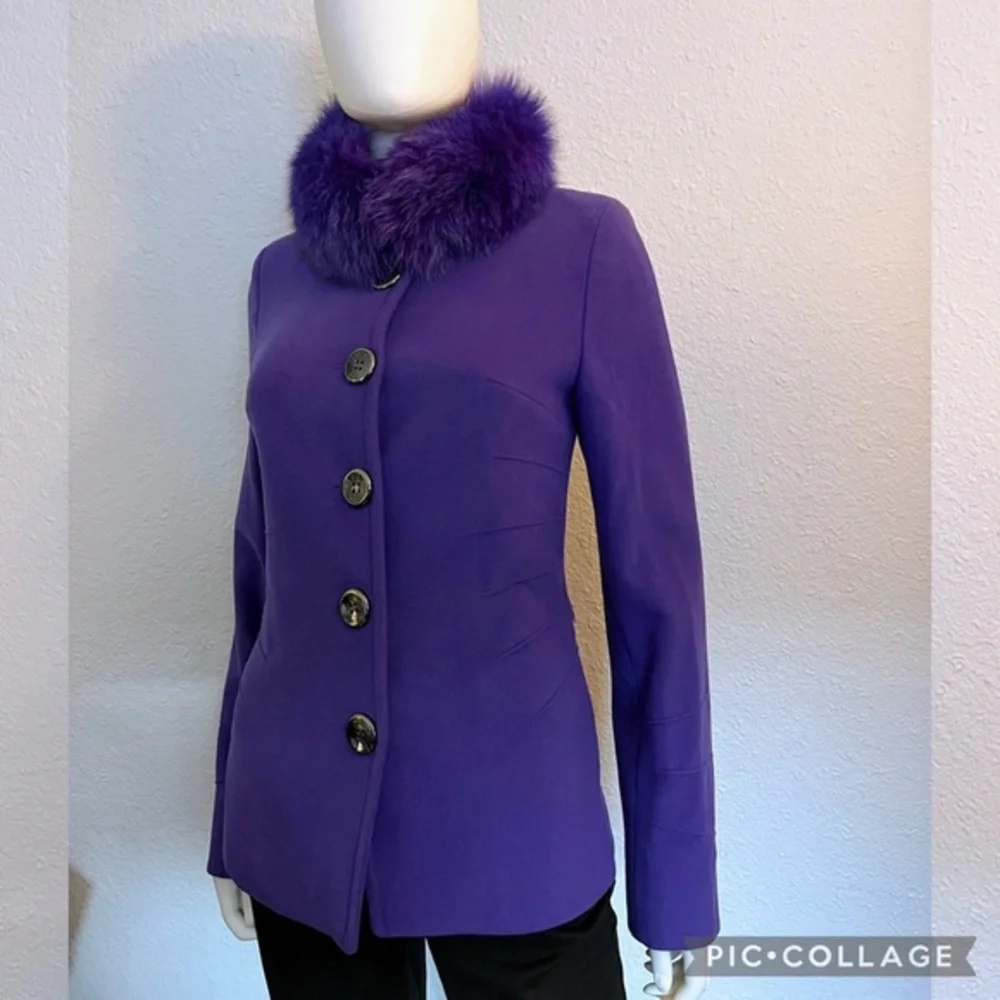 NWT WOMEN SHORT COAT  DYED REAL‎ FUR COLLAR WOOL LINED SINLE-BREASTED JACKET